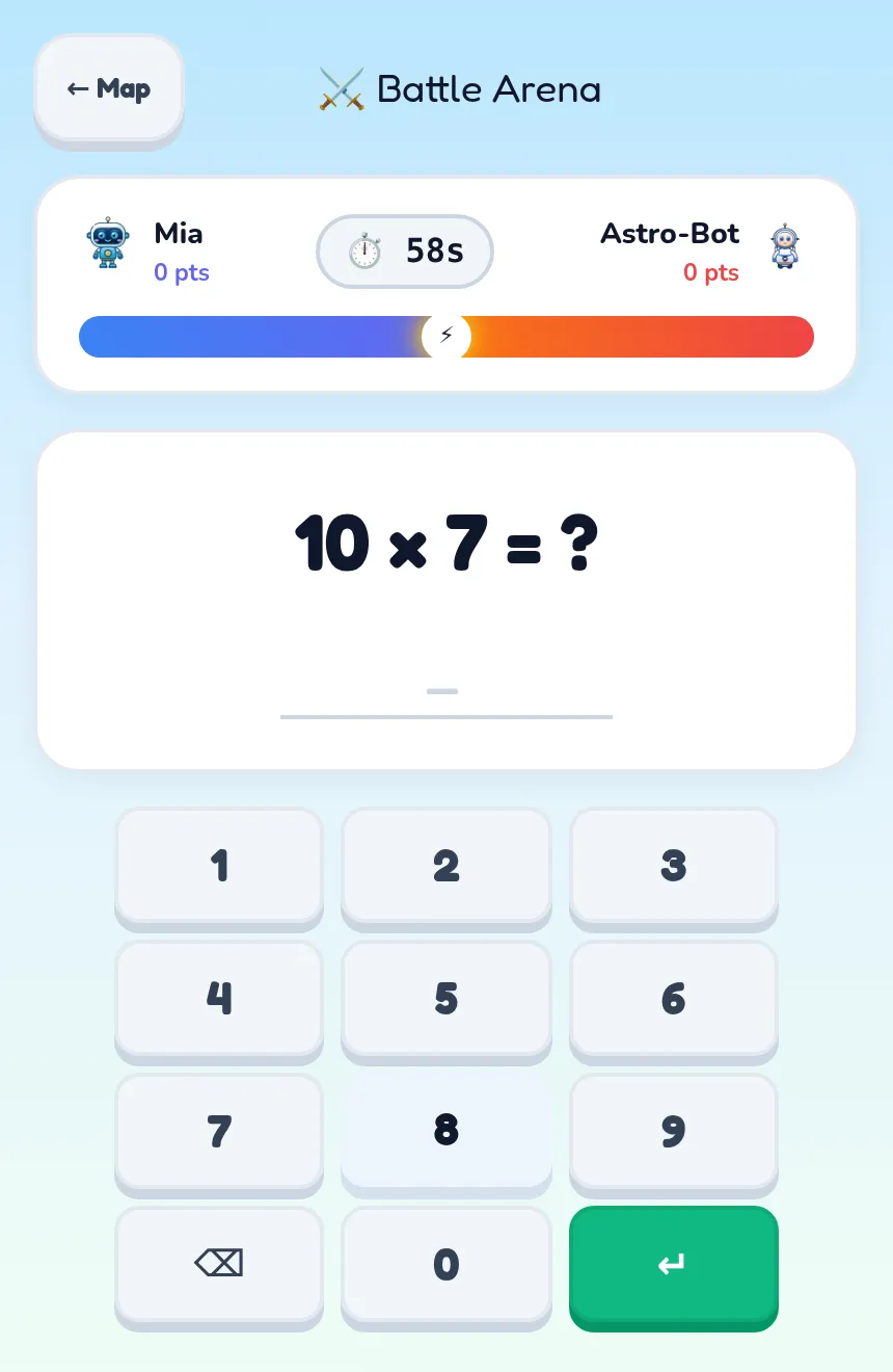 The TimesHero Battle Arena on a phone: a duel against the sparring bot with the Clash Bar and a number keypad