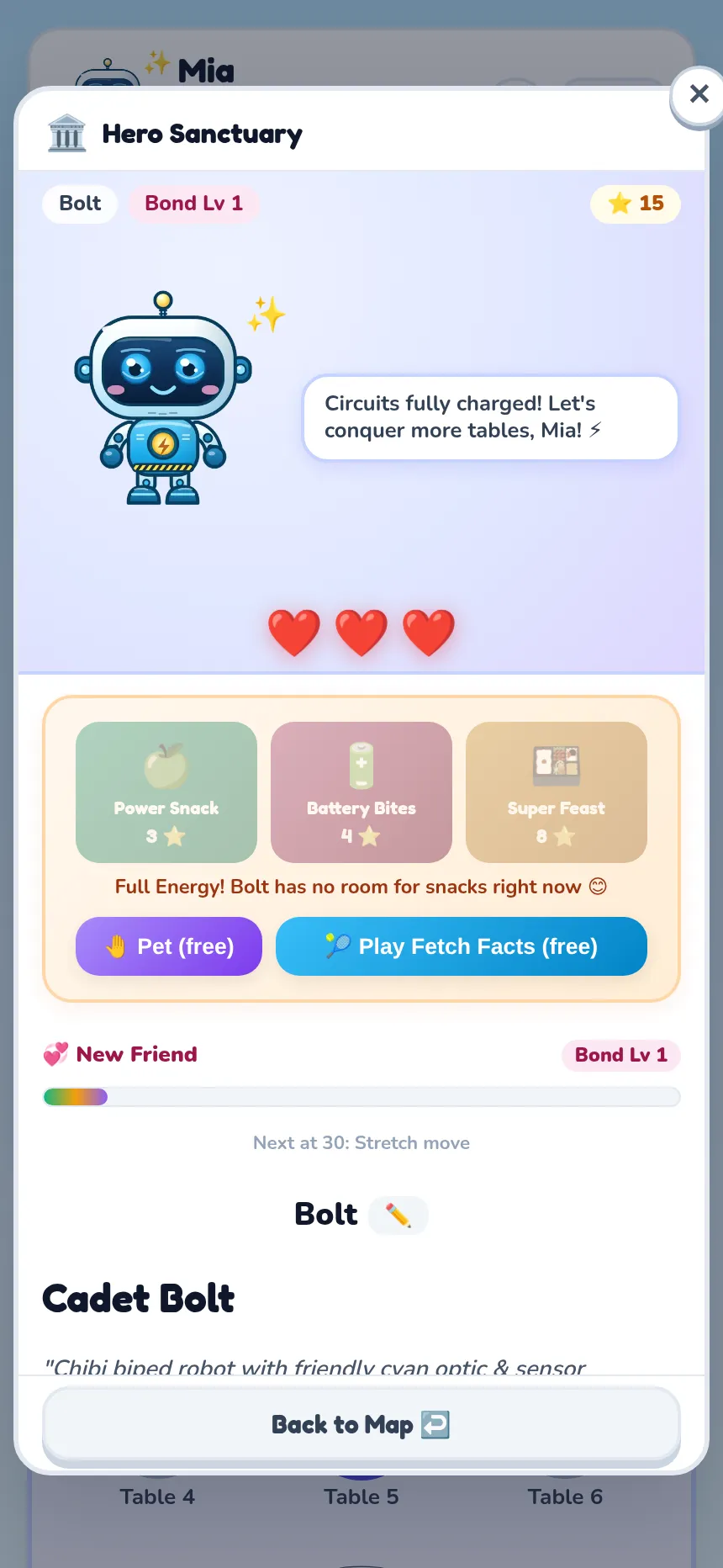 TimesHero Hero Sanctuary: a companion with its Hearts, Bond level and snack menu