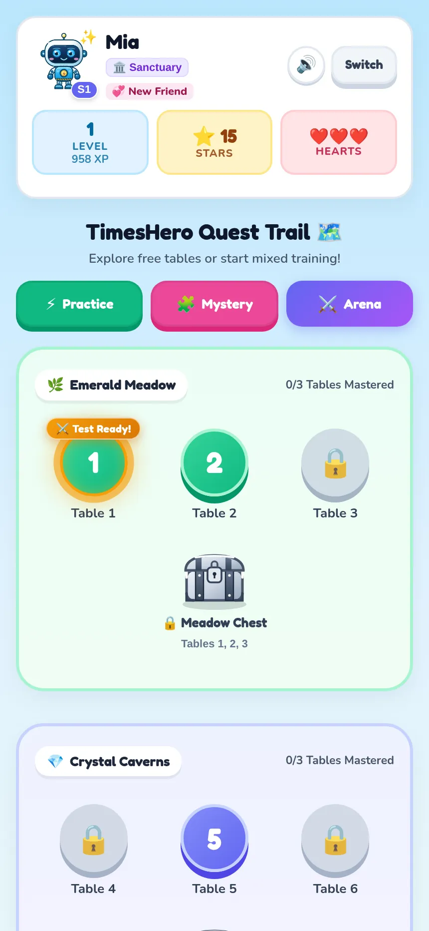 The TimesHero quest trail on a phone: the child's companion, Stars and Hearts, and the stepping stones for tables 1 to 6 in the Emerald Meadow and Crystal Caverns