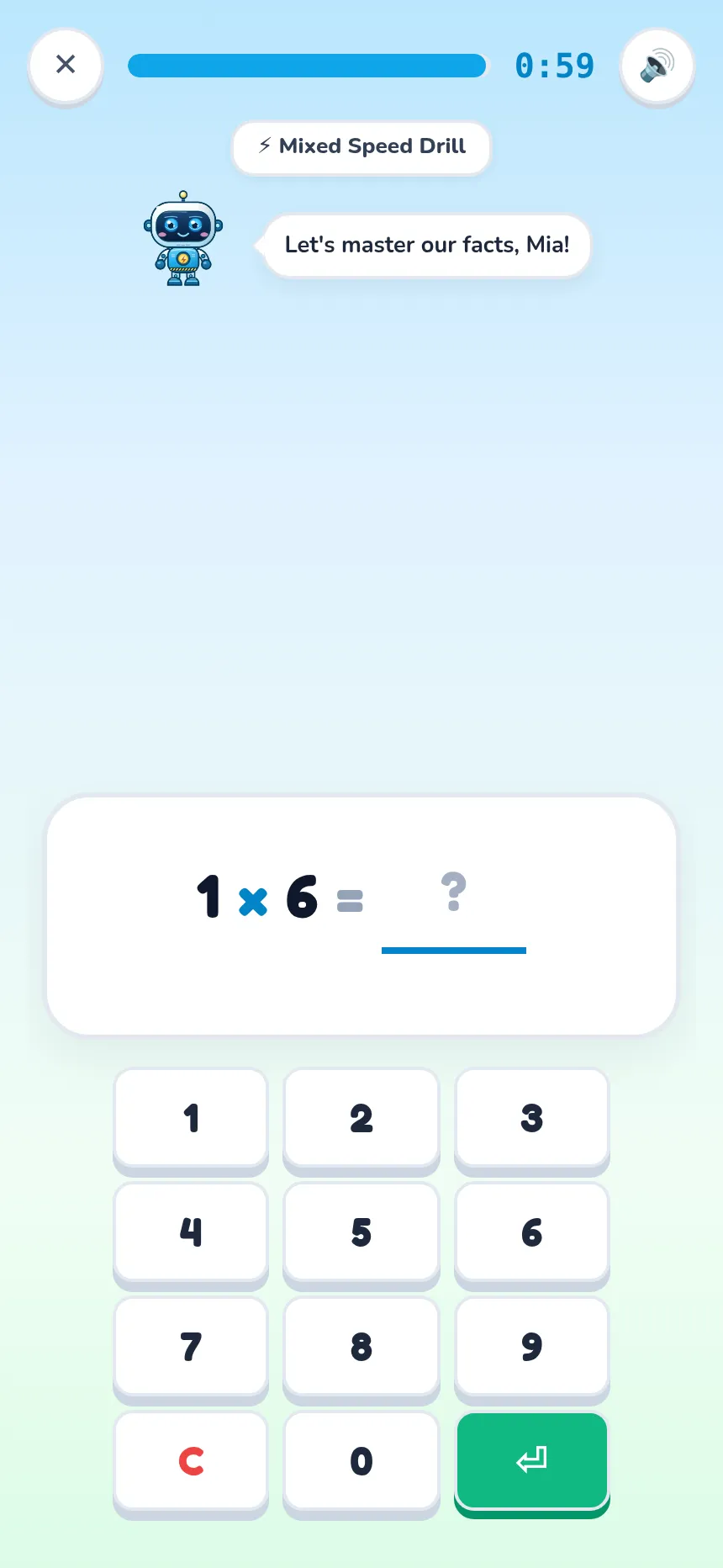The TimesHero drill on a phone: a multiplication question, the companion cheering, and a large number keypad